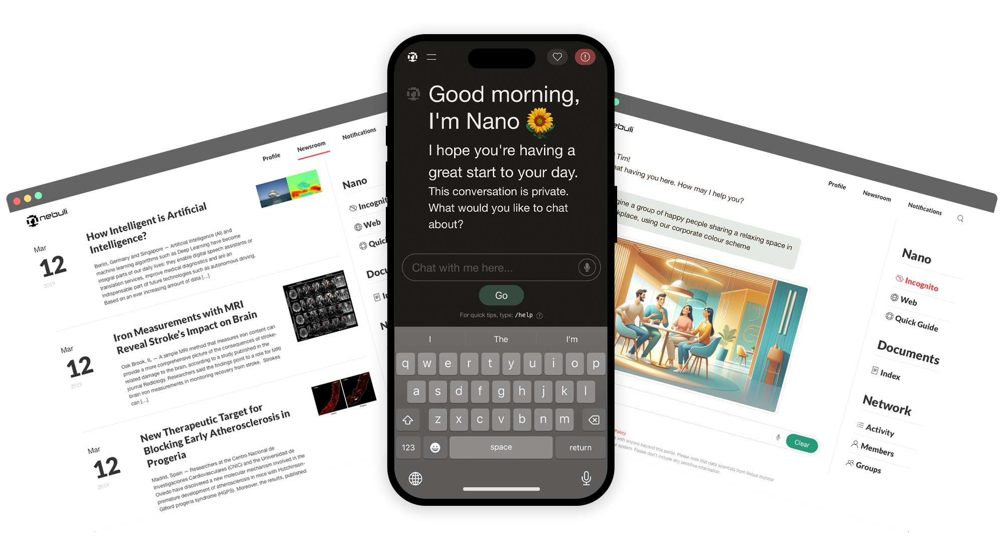 Nebuli's Nano app and Nano  AI Workspace for Teams – Screenshots.